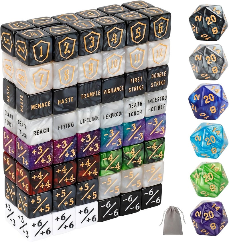 MDDSHGG 102 Pieces MTG Dice Counters Set Bulk Ability Keyword Tokens Shield Life Counters 6 Sided Dice for Magic The Gathering TCG Card Gaming Accessories - Image 1